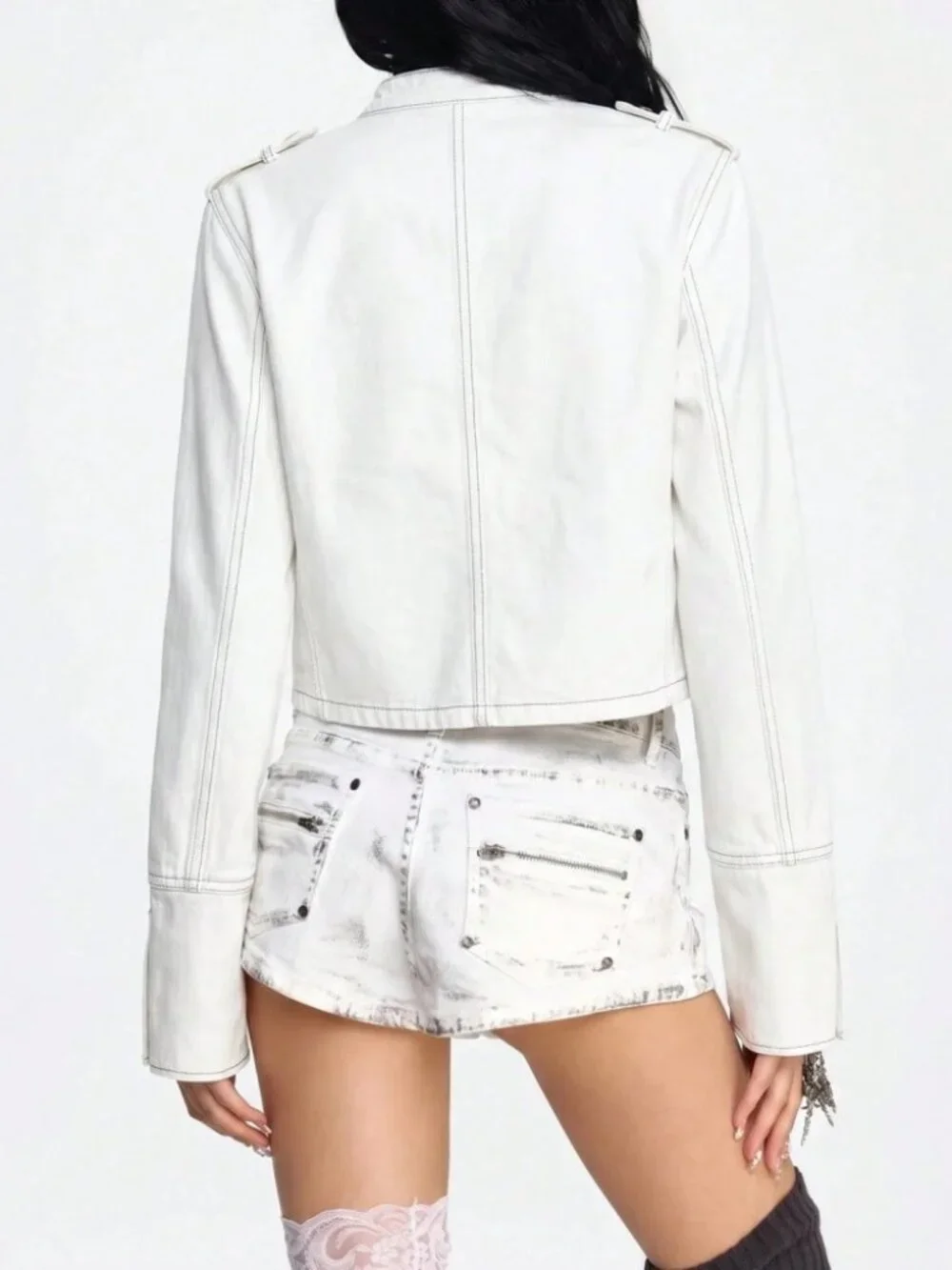 White Denim Military Jacket with Button Epaulette Trim